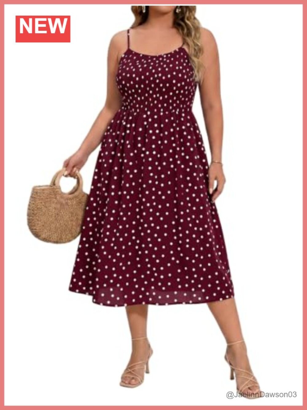 Plus Size Midi Dress Sleeveless Square Neck Smocked Polka Dot Summer Party